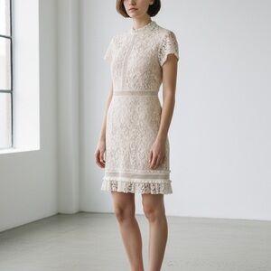 Bebe ivory Lace sheath dress nude lined cap sleeve ruffle hem romantic size s